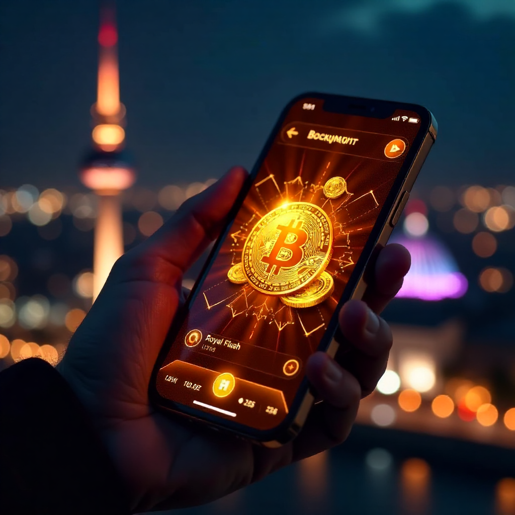 A hand holding a luxury smartphone displaying a high-tech Bitcoin poker app interface with glowing orange and gold accents, background is the Berlin skyline with the TV Tower (Fernsehturm) at night, 3D golden Bitcoin coins and a Royal Flush of playing car